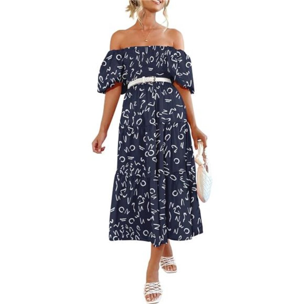 Women's Summer Midi Dress Puffy Short Sleeve Smocked Tiered Ruffle Dress